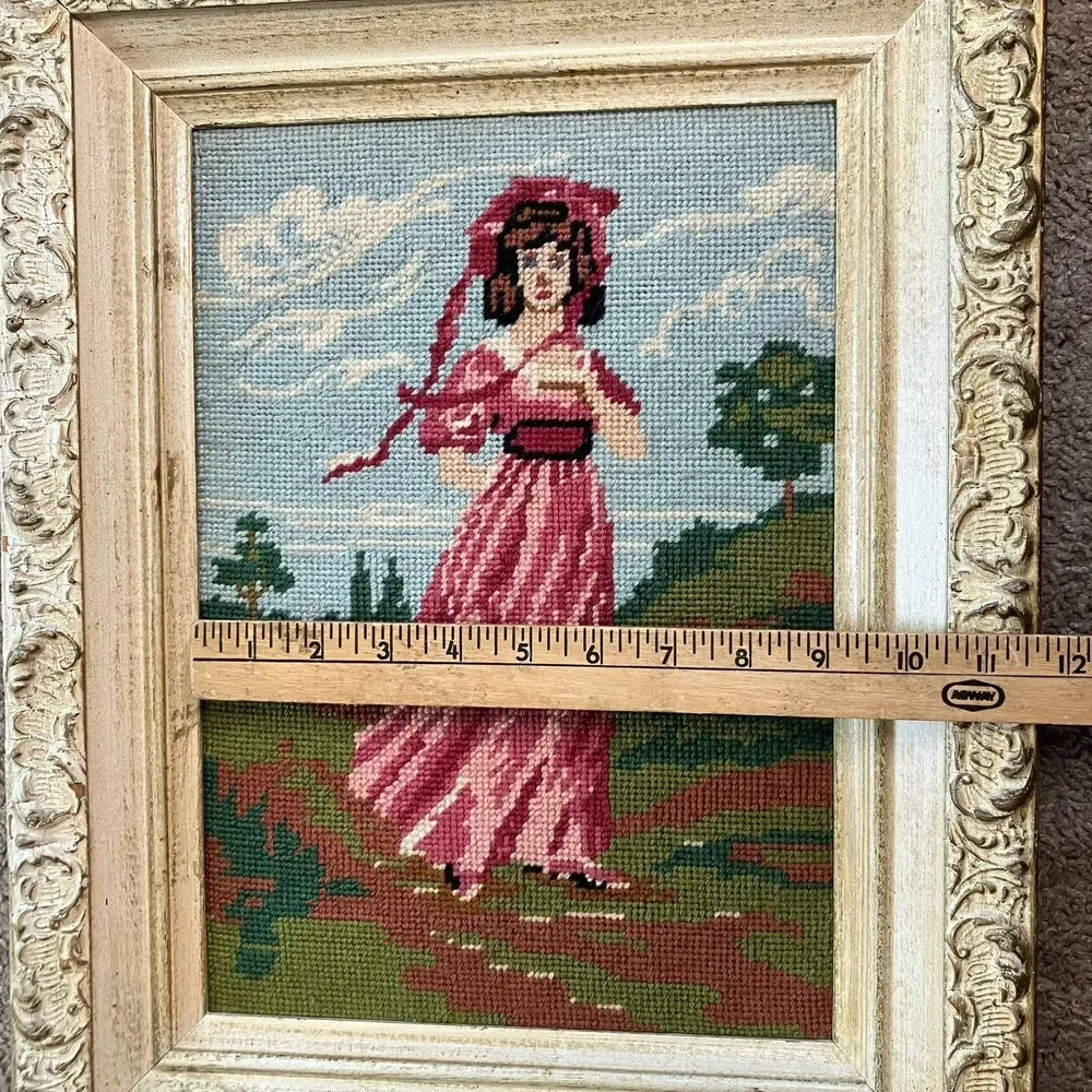 Blue Boy & Pinky Lady Completed Cross Stitch Needlepoint Wooden Frames Vintage
